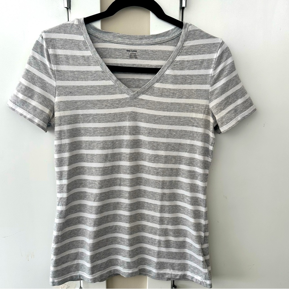 Gray Striped V-Neck Women's Top